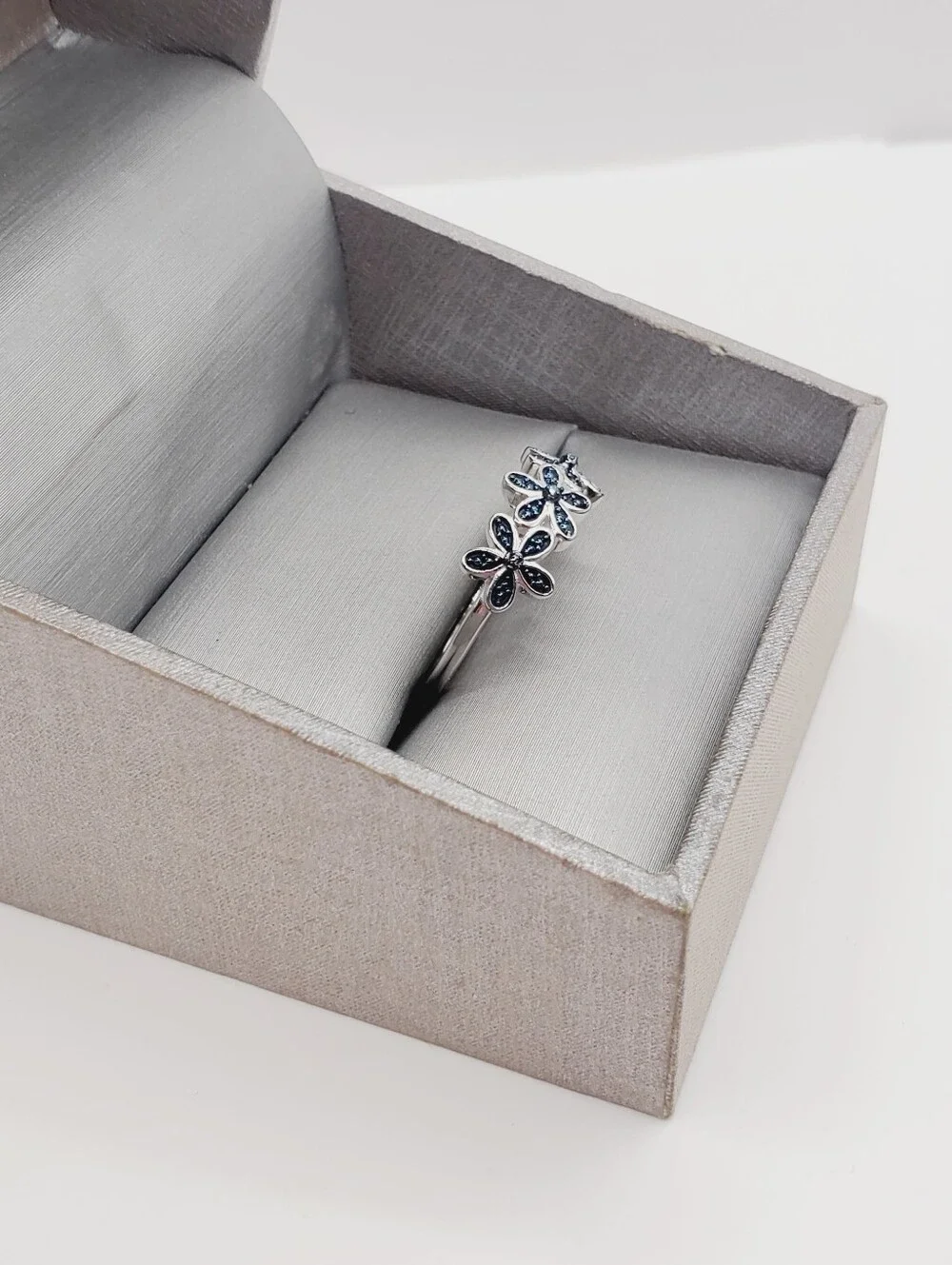 Genuine Blue Diamond Accent 925 Sterling Silver Floral Triple Flower Ring